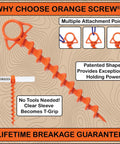 Heavy Duty Ground Anchors For Tents And Canopies, Screw In Stakes For High Wind And Sand, 2 Pack With T Grip Tool, Large Orange Color, Made In USA, Keep Your Camp Setup Rock Solid In Wild Wind on display with no tools needed T-Grip tool.