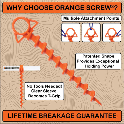 Heavy Duty Ground Anchors For Tents And Canopies, Screw In Stakes For High Wind And Sand, 2 Pack With T Grip Tool, Large Orange Color, Made In USA, Keep Your Camp Setup Rock Solid In Wild Wind on display with no tools needed T-Grip tool.