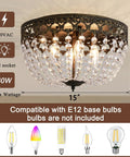 Antique Bronze Crystal Flush Mount Ceiling Light 15 Inch Diameter 4 Light Chandelier Fixture Dope Vintage Glow displayed with specs.