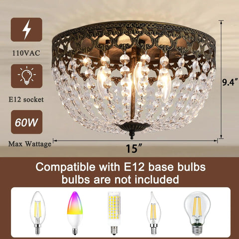 Antique Bronze Crystal Flush Mount Ceiling Light 15 Inch Diameter 4 Light Chandelier Fixture Dope Vintage Glow displayed with specs.