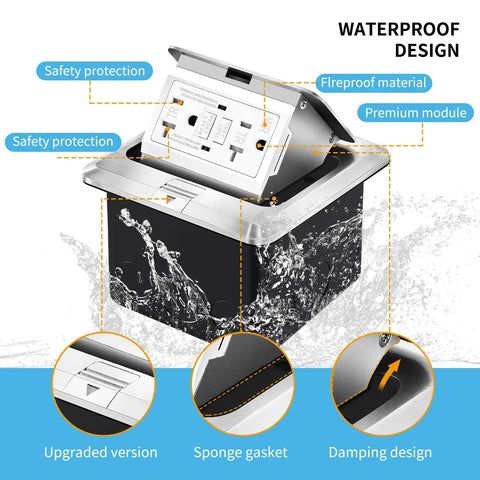 Pop Up Floor Box Kit With Waterproof GFCI Outlet Cover and Hidden 20A Tamper Resistant Receptacle, Aluminum Weatherproof Box showing waterproof design features with safety protection and damping design.