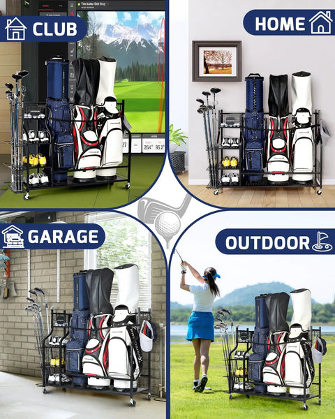 Garage Golf Storage Rack For Three Bags Keeps Clubs Balls Shoes And Gear Neatly Organized Heavy Duty Golf Equipment Organizer