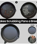 Cast Iron Scrubber With Stainless Steel Chainmail, 8x6 Inch Skillet Cleaner shown cleaning cast iron skillet before and after use