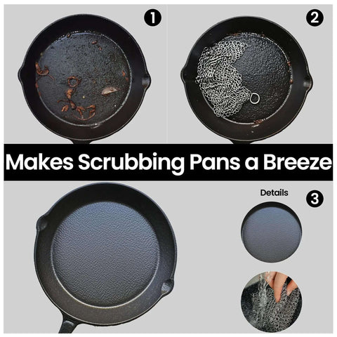 Cast Iron Scrubber With Stainless Steel Chainmail, 8x6 Inch Skillet Cleaner shown cleaning cast iron skillet before and after use