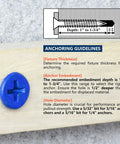 Anchoring guidelines with blue coated 3/16 By 1-1/4 Concrete Screws With 5/32 Drill Bit for brick, block, cement, or stucco.