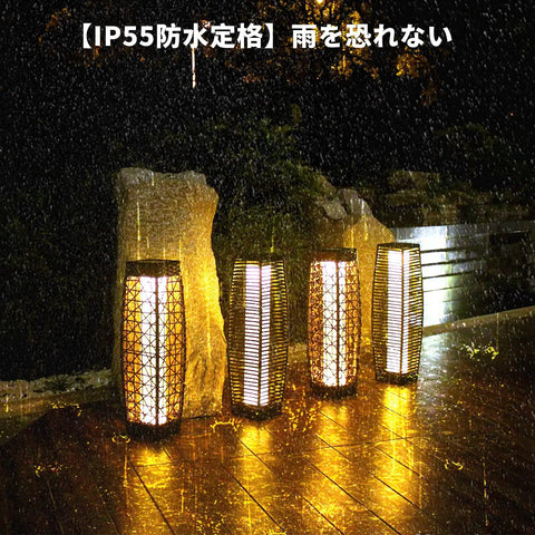 Solar Floor Lamp Outdoor Post Light With Wicker Resin Lantern Waterproof Garden Pathway illuminating in rain at night