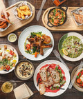 Assorted dishes with 350 Count Clear Plastic Forks, Extra Heavy Duty Disposable Cutlery For Parties And Weddings, BPA Free, Food Safe.