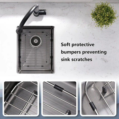 Stainless Steel Sink Grids Set of 2, 13 x 11-5/8 Inches, Protective Kitchen Rack, rust-resistant finish, rear drain protection.