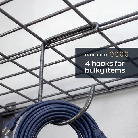 Close-up of Garage Wall Shelf Two-Pack, Heavy-Duty Steel With Powder-Coated Finish In Hammertone, showing included bike hook.