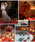 Collage showing 6000 artificial rose petals and 72 heart shaped LED tealights for romantic nights and special occasions.