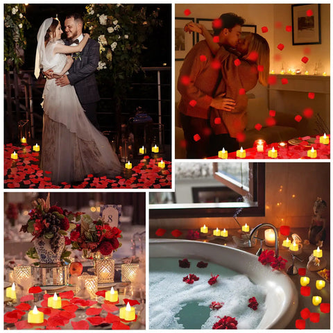 Collage showing 6000 artificial rose petals and 72 heart shaped LED tealights for romantic nights and special occasions.