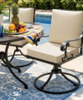 Beige Outdoor Dining Cushion 20x20 Inch Waterproof Deep Seat And Back Cushion With Ties For Patio Furniture That Keeps Colors Pop For 3 Year Color Fastness, 260 GSM Outdoor Fabric With Linen Inspired Texture on metal chair by pool.