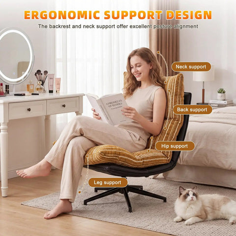 Woman seated in Big Comfy Rocking Swivel Chair with 360 Degree Spin and Adjustable Backrest, yellow stripe, in cozy bedroom