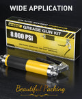 Workhorse Heavy Duty Grease Gun Kit With Hose Coupler For 14 Oz Grease Tubes, 8000 PSI Pistol Grip displayed with packaging.