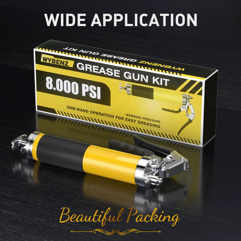 Workhorse Heavy Duty Grease Gun Kit With Hose Coupler For 14 Oz Grease Tubes, 8000 PSI Pistol Grip displayed with packaging.