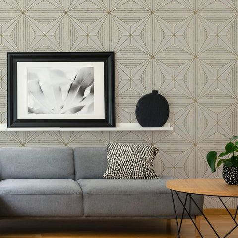 Gold Aurum Self Adhesive Wallpaper With Gray Geometric Pattern Peel And Stick Wall Covering for modern living room décor