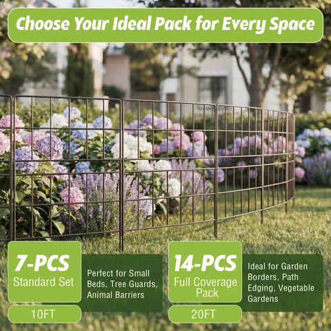 14 Pack Tall 31.5 Inch Decorative Garden Fence Panels installed in garden with flowers, no dig metal wire border landscape patio