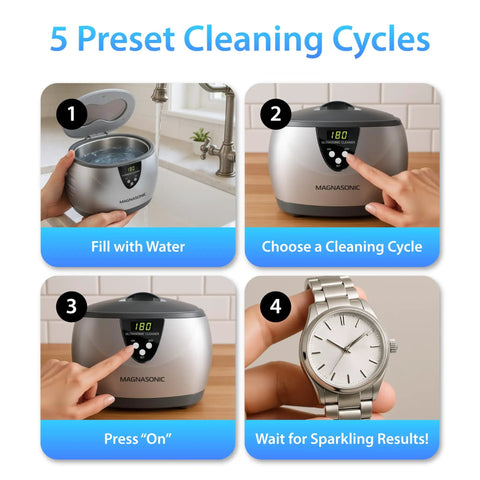 Top Notch Ultrasonic Cleaner, 20 Oz Stainless Steel Tank, Digital Timer And Five Deep Cleaning Modes for step-by-step cleaning process.