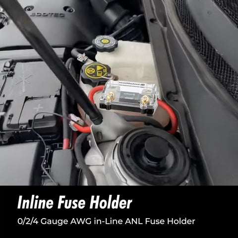 0, 2, 4 Gauge AWG Inline ANL Fuse Holder With 250 Amp Fuse for automotive use installed under car hood