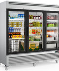 Top Shelf Heavy Duty Commercial Reach In Refrigerator With Three Glass Doors And Seventy Two Cubic Feet Of Stainless Steel Upright Merchandiser featuring drinks and produce.