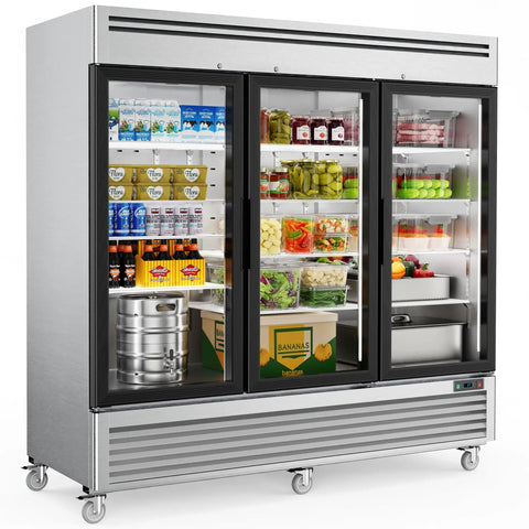 Top Shelf Heavy Duty Commercial Reach In Refrigerator With Three Glass Doors And Seventy Two Cubic Feet Of Stainless Steel Upright Merchandiser featuring drinks and produce.