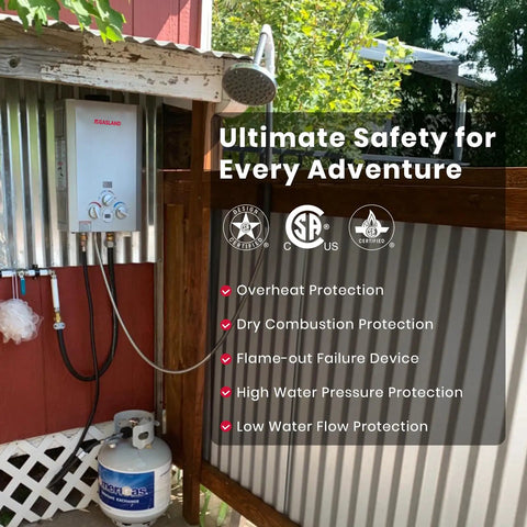 Portable Propane Tankless Water Heater With 41000 BTU And 1.58 GPM Digital Display CSA Certified mounted outdoors for safety.