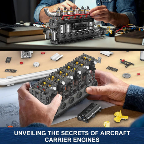 Hands assembling Dope Aircraft Carrier Engine Building Set With Inline Six Cylinder Motor Realistic Military Aviation Engine Model Kit 3222 Piece Collectible Construction Toys Gift For Teens And Adults