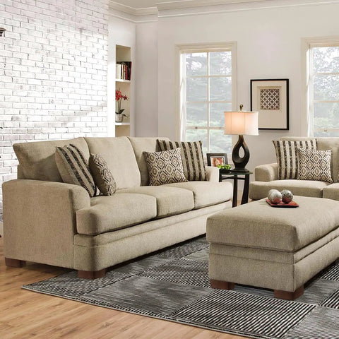 Solid Wood Furniture Risers L Shaped Bed Lifters 3 Inch Couch Feet For Sofa Table 4 Pack shown elevating a beige couch.
