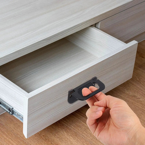 2 Pack Flush Pull Handles For Drawers And Cabinets in use, gold finish, recessed ring pull being opened on a wooden drawer.