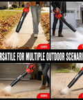Power Packed Cordless 20V Leaf Blower With 700 CFM And 200 MPH clearing leaves, snow, debris, and dust in various outdoor settings