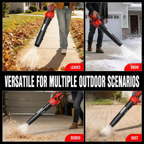 Power Packed Cordless 20V Leaf Blower With 700 CFM And 200 MPH clearing leaves, snow, debris, and dust in various outdoor settings