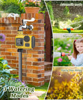 Outdoor Sprinkler Timer For Garden Irrigation With Rain Delay And Manual Watering shown with brick background and garden hose.