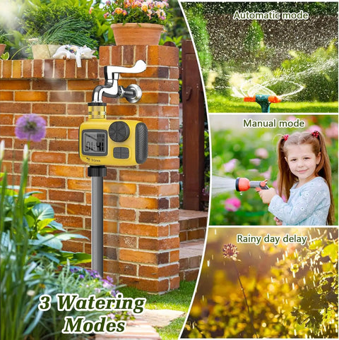 Outdoor Sprinkler Timer For Garden Irrigation With Rain Delay And Manual Watering shown with brick background and garden hose.