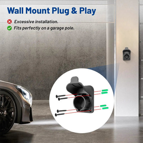 EV Charger Holder for SAE J1772 Cords, Wall Mount Cable Organizer for Portable Electric Vehicle Chargers, mounted on a garage wall.