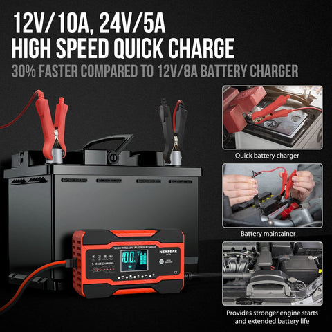 10 Amp Battery Charger And Maintainer For 12V 24V Cars Trucks Boats Marine And Lawn Mower Batteries, Smart Desulfator