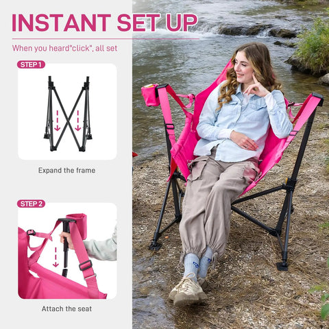 Woman using Padded Oversized Hammock Camping Chair With Multi Storage Pockets, Portable Foldable Rocking Swing Chair, Pink by river