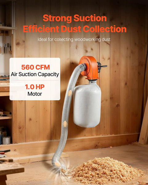 Wall Mount Dust Collector With 1 HP Motor Delivers 560 CFM For Woodworking Shops mounted on a wooden wall with hose and bag
