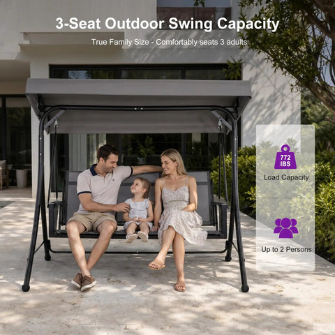 Three Seat Patio Swing With Adjustable Tilt Canopy, Easy Setup Metal Frame On Stand, family sitting outside