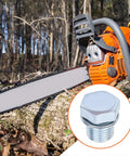 Chainsaw cutting wood with inset of cylinder plug from Pro Grade Gasket Kit With Cylinder Plug, Needle Bearing And Oil Seals For Husqvarna K750 K760 Concrete Cutoff Saw Replacement Parts, 581357401 Compatible, Durable, Easy To Install.