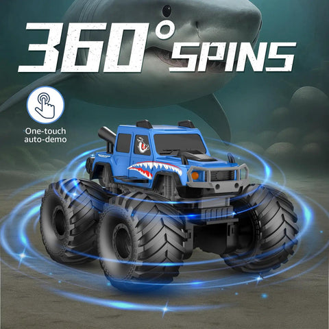 Blue Waterproof 360 Degree Rotating 4X4 RC Monster Truck spinning underwater with a shark in the background.