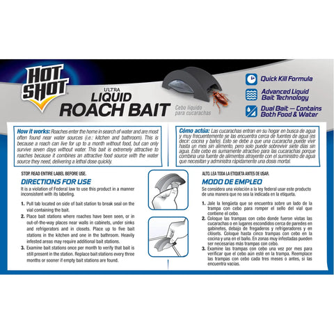 Hot Shot Ultra Liquid Roach Bait instructions showing application and usage for Fast Acting Liquid Roach Bait 6 Pack.