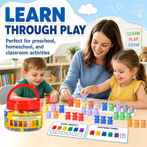 200 Pieces Counting Bears Set With Totally Awesome Color Sorting Toys For Preschool Kids Ages 3 Plus being used by kids for sorting activities.