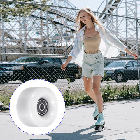 Woman roller skating outdoors with 8 Pack Roller Skate Wheels With Bearings Installed For Outdoor Quad Skates 58x32mm 82A White