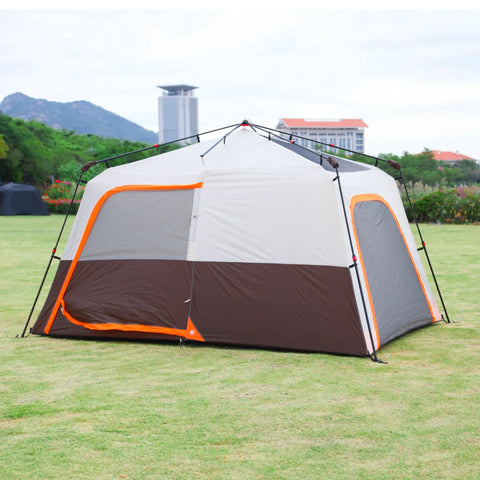 Large Family Tent For 6-8 People With Instant Setup In 60 Seconds, spacious two rooms, three doors, brown color, outdoor setting