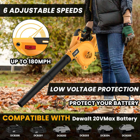 Woman using Cordless Leaf Blower And Vacuum Compatible With 20V Max Batteries Not Included Brushless Motor Delivers Six Variable Speeds Up To 180 MPH For Quick Cleanups On Any Job Site 2 In 1 Handle Electric Blower And Vacuum outdoors in garden