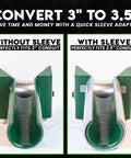 Green metal 441-3-1/2 in feeding sheave adapter; left without sleeve, right with sleeve.
