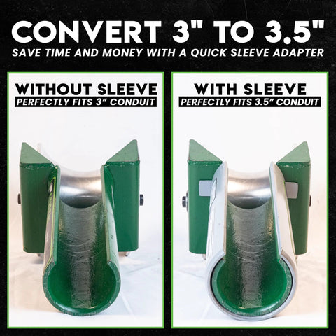 Green metal 441-3-1/2 in feeding sheave adapter; left without sleeve, right with sleeve.