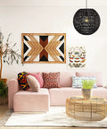 Black 15.75 Inch 1 Light Dope Modern Bohemian Woven Led Pendant Light above living room with art and sofa.