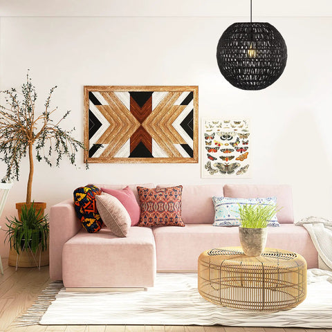 Black 15.75 Inch 1 Light Dope Modern Bohemian Woven Led Pendant Light above living room with art and sofa.