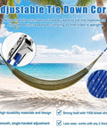 Hammock tied to a palm tree with a 12 Pack Rope Tightening Tools With Locking Tensioners Set For Camping Boating Tents And Vehicle Cargo Heavy Duty Nylon Paracord Adjusters 10 Ft Ropes Blue.